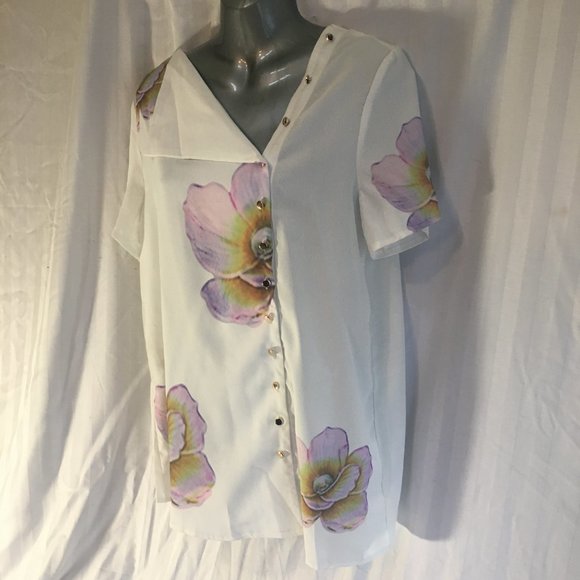 MissLook Womens Button Floral Print Light Blouse Top Sz Med White Floral Flower - Picture 8 of 13